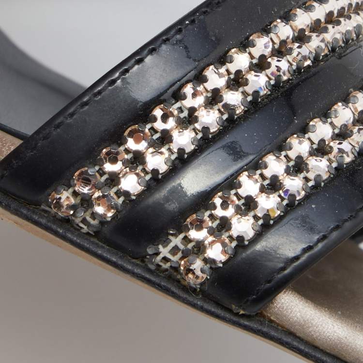 Pre Owned Gina Black Patent Leather Crystal Embellished Slingback Sandals Size 41