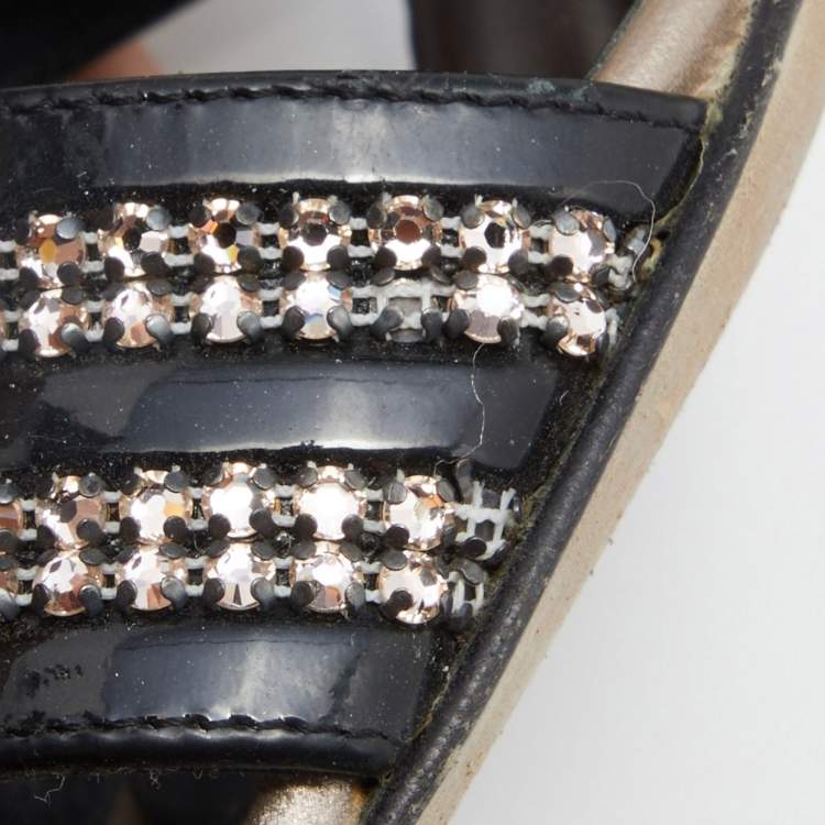 Pre Owned Gina Black Patent Leather Crystal Embellished Slingback Sandals Size 41