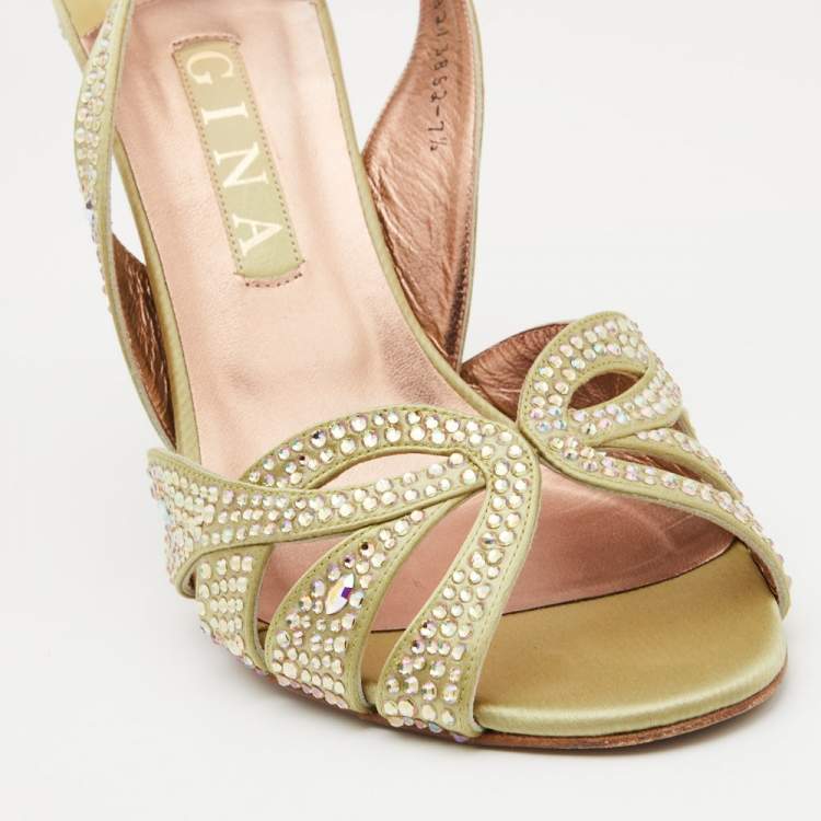 Pre Owned Gina Olive Green Satin Crystal Embellished Slingback Sandals Size 40.5