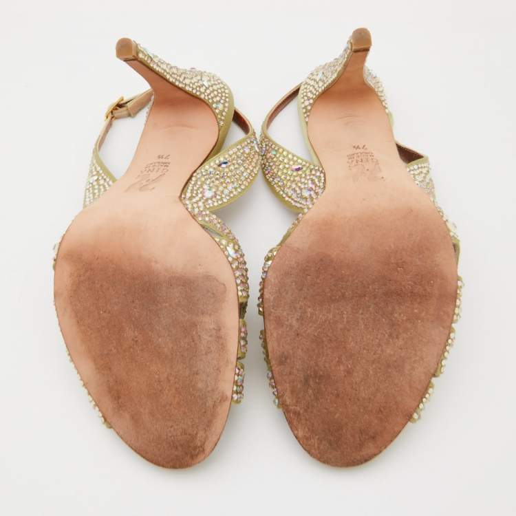 Pre Owned Gina Olive Green Satin Crystal Embellished Slingback Sandals Size 40.5