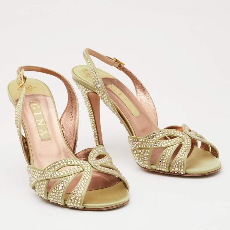 Pre Owned Gina Olive Green Satin Crystal Embellished Slingback Sandals Size 40.5