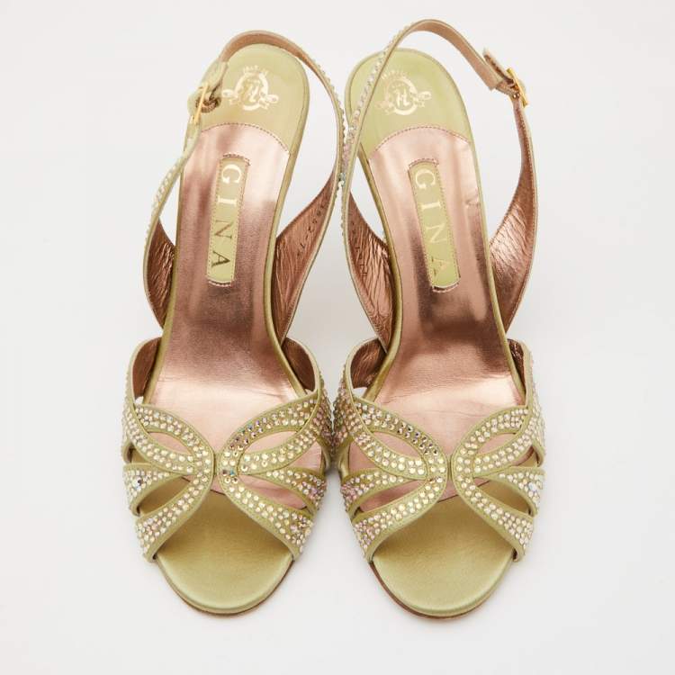Pre Owned Gina Olive Green Satin Crystal Embellished Slingback Sandals Size 40.5
