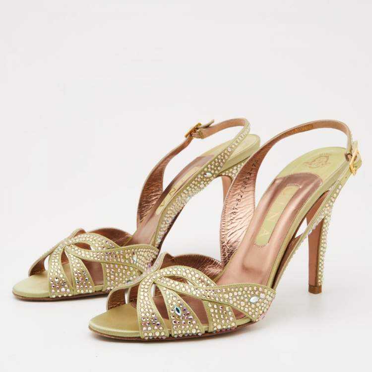 Pre Owned Gina Olive Green Satin Crystal Embellished Slingback Sandals Size 40.5
