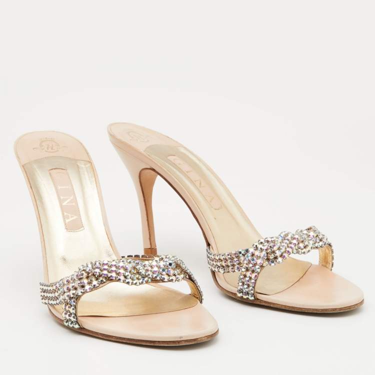 Pre Owned Gina Beige Leather Crystal Embellished Slide Sandals Size 41