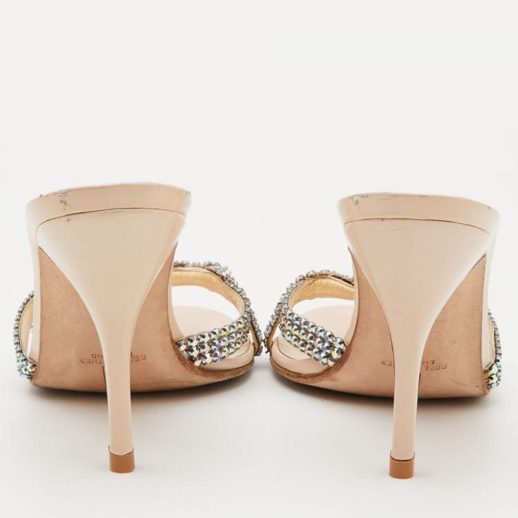 Pre Owned Gina Beige Leather Crystal Embellished Slide Sandals Size 41