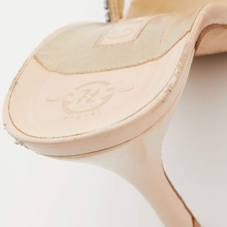 Pre Owned Gina Beige Leather Crystal Embellished Slide Sandals Size 41