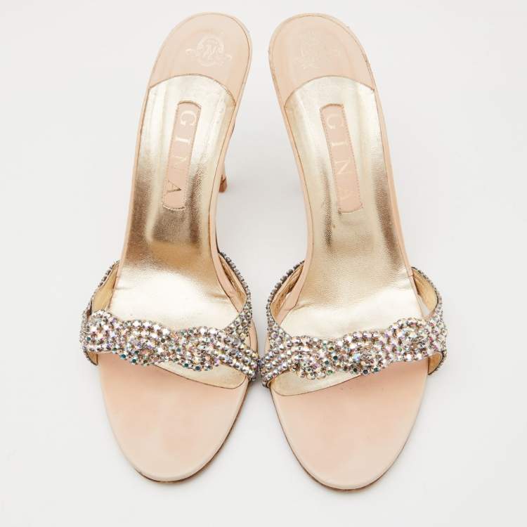 Pre Owned Gina Beige Leather Crystal Embellished Slide Sandals Size 41