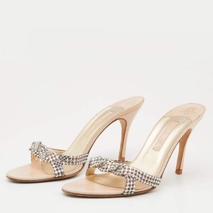 Pre Owned Gina Beige Leather Crystal Embellished Slide Sandals Size 41