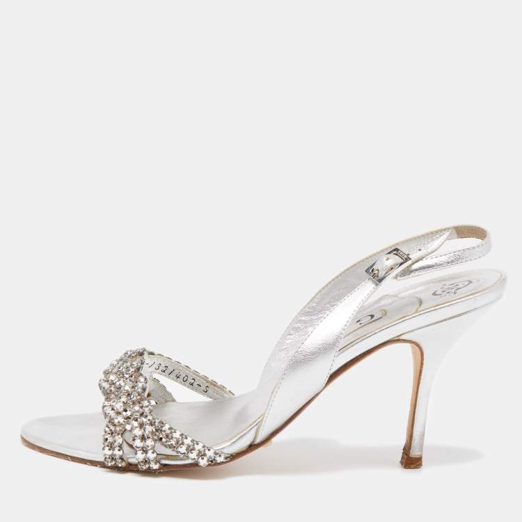 Pre Owned Gina Silver Leather Crystal Embellished Slingback  Sandals Size 38