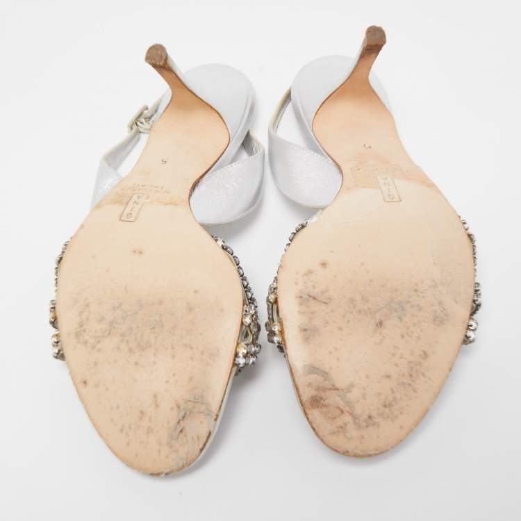 Pre Owned Gina Silver Leather Crystal Embellished Slingback  Sandals Size 38