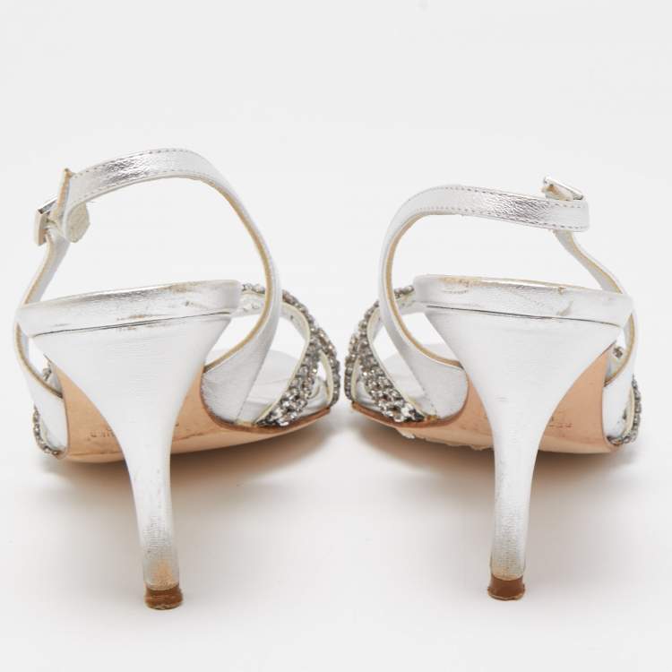 Pre Owned Gina Silver Leather Crystal Embellished Slingback  Sandals Size 38