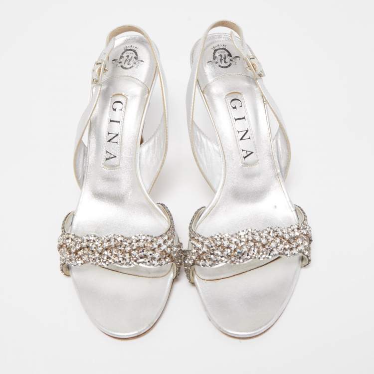 Pre Owned Gina Silver Leather Crystal Embellished Slingback  Sandals Size 38