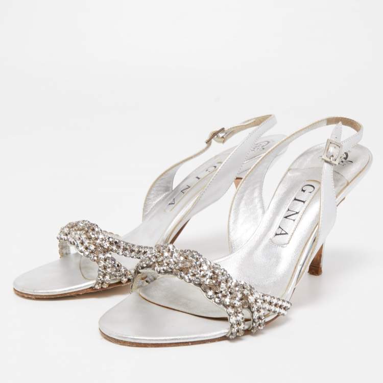 Pre Owned Gina Silver Leather Crystal Embellished Slingback  Sandals Size 38