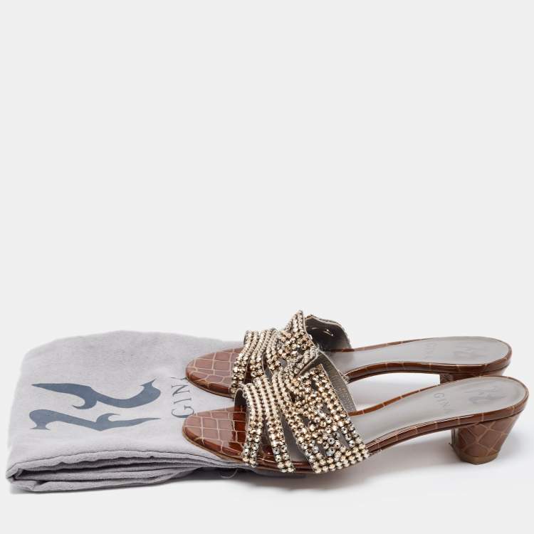 Pre Owned Gina Dark Brown Crystal Embellished Leather Slide Sandals Size 38