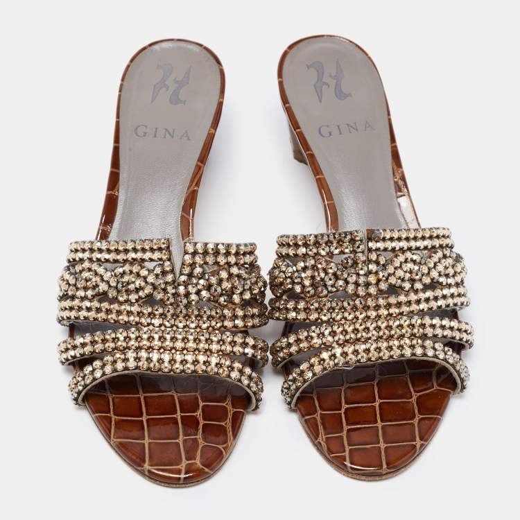 Pre Owned Gina Dark Brown Crystal Embellished Leather Slide Sandals Size 38