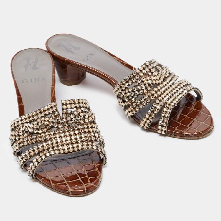 Pre Owned Gina Dark Brown Crystal Embellished Leather Slide Sandals Size 38