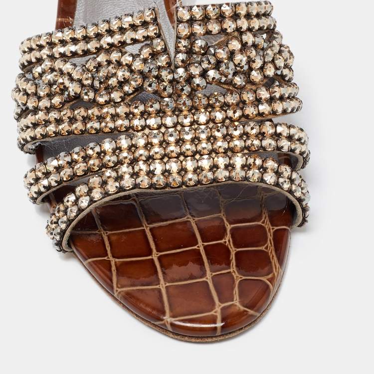 Pre Owned Gina Dark Brown Crystal Embellished Leather Slide Sandals Size 38