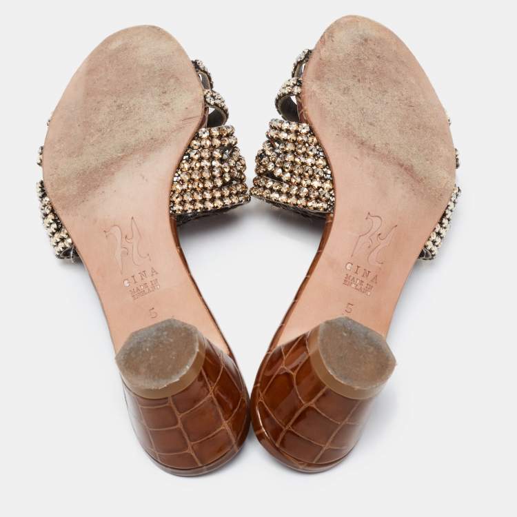 Pre Owned Gina Dark Brown Crystal Embellished Leather Slide Sandals Size 38