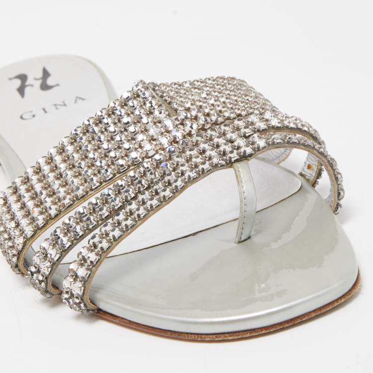 Pre Owned Gina Silver Crystal Embellished Leather Flat Slides Size 38.5