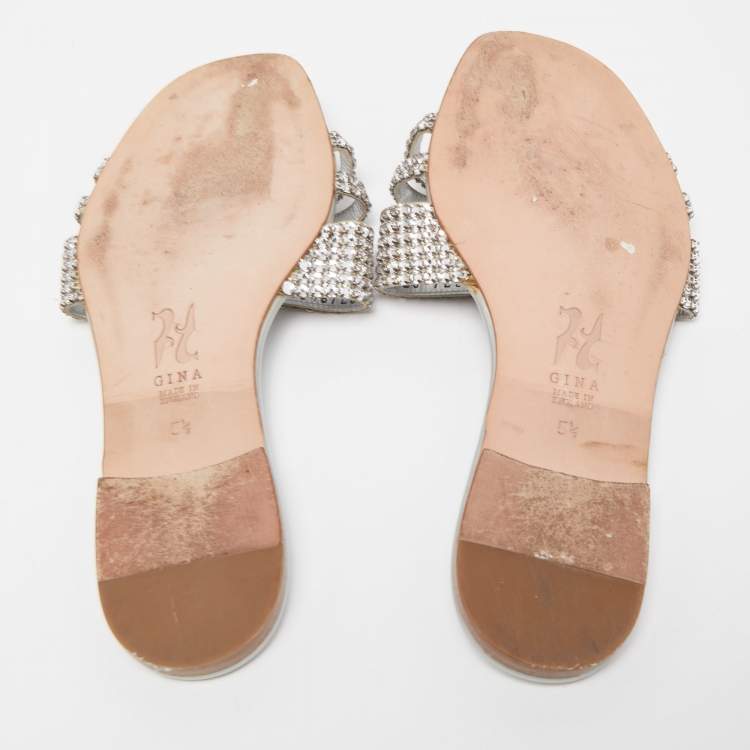 Pre Owned Gina Silver Crystal Embellished Leather Flat Slides Size 38.5
