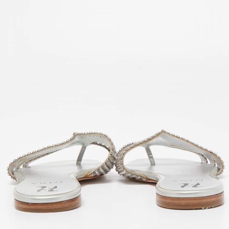 Pre Owned Gina Silver Crystal Embellished Leather Flat Slides Size 38.5