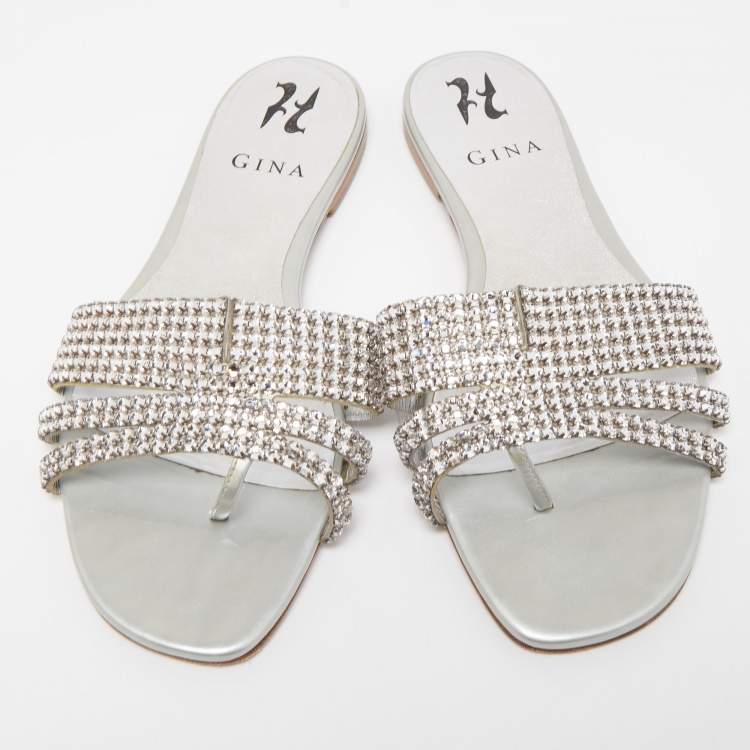 Pre Owned Gina Silver Crystal Embellished Leather Flat Slides Size 38.5