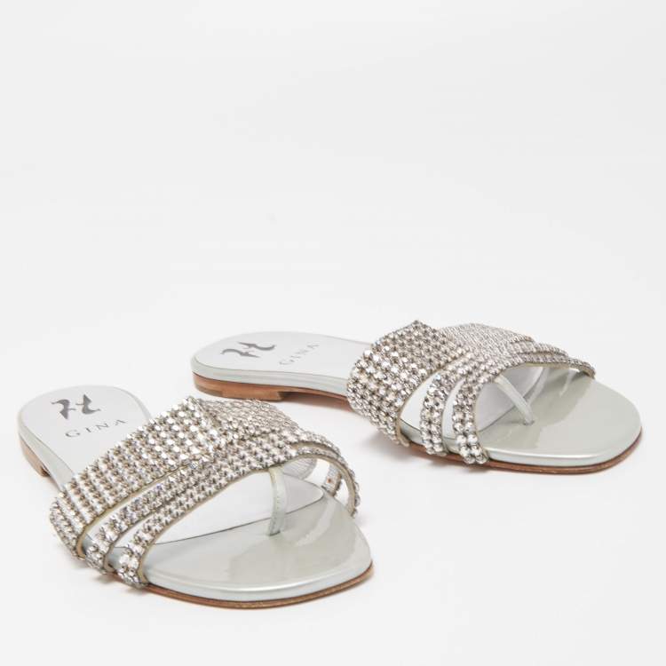 Pre Owned Gina Silver Crystal Embellished Leather Flat Slides Size 38.5