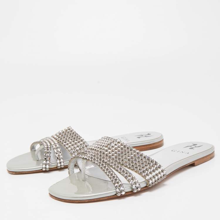 Pre Owned Gina Silver Crystal Embellished Leather Flat Slides Size 38.5
