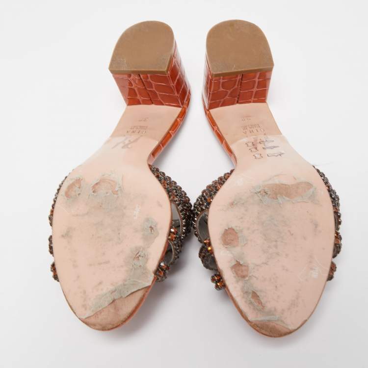 Pre Owned Gina Dark Orange Crystal Embellished Leather Slide Sandals Size 38