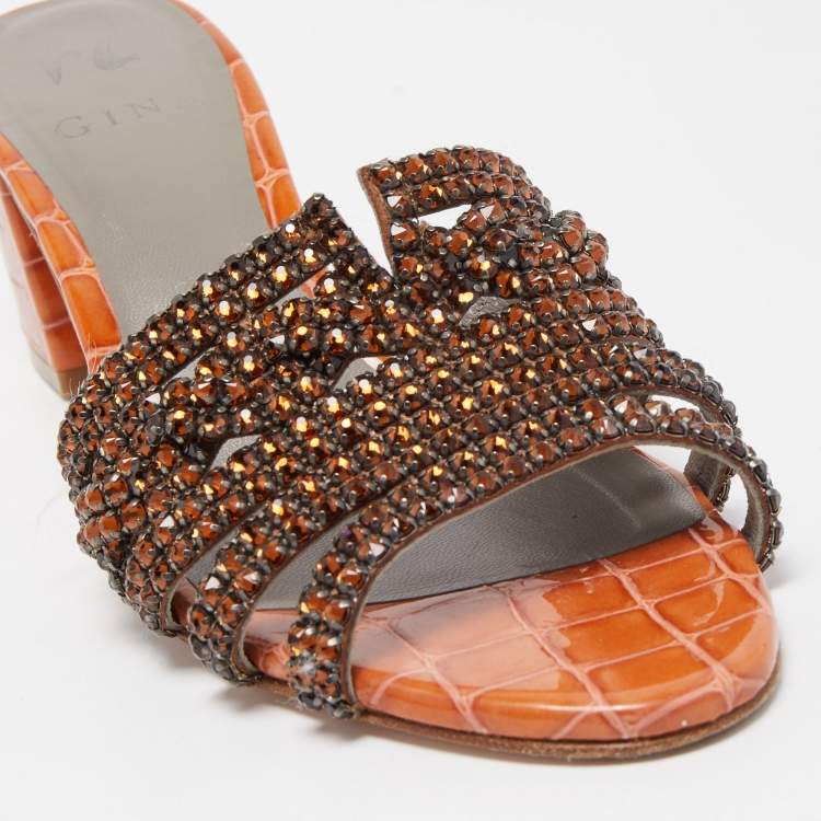 Pre Owned Gina Dark Orange Crystal Embellished Leather Slide Sandals Size 38