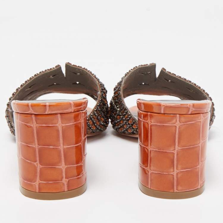 Pre Owned Gina Dark Orange Crystal Embellished Leather Slide Sandals Size 38