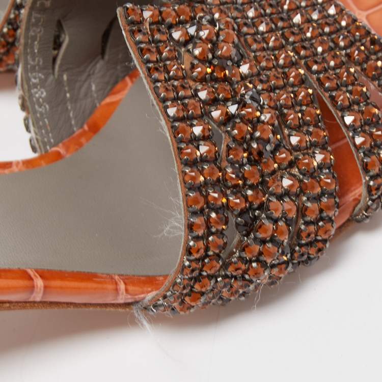 Pre Owned Gina Dark Orange Crystal Embellished Leather Slide Sandals Size 38