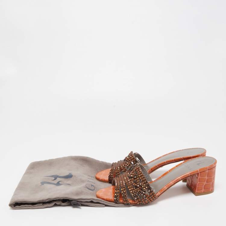Pre Owned Gina Dark Orange Crystal Embellished Leather Slide Sandals Size 38