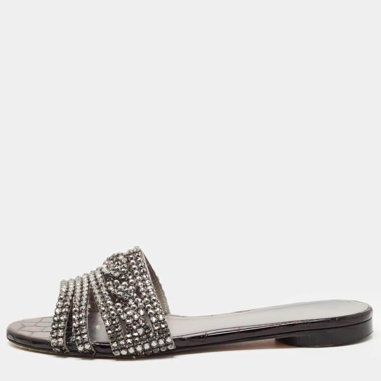 Pre Owned Gina Black Croc Embossed and Crystal Embellished Slide Sandals Size 37.5