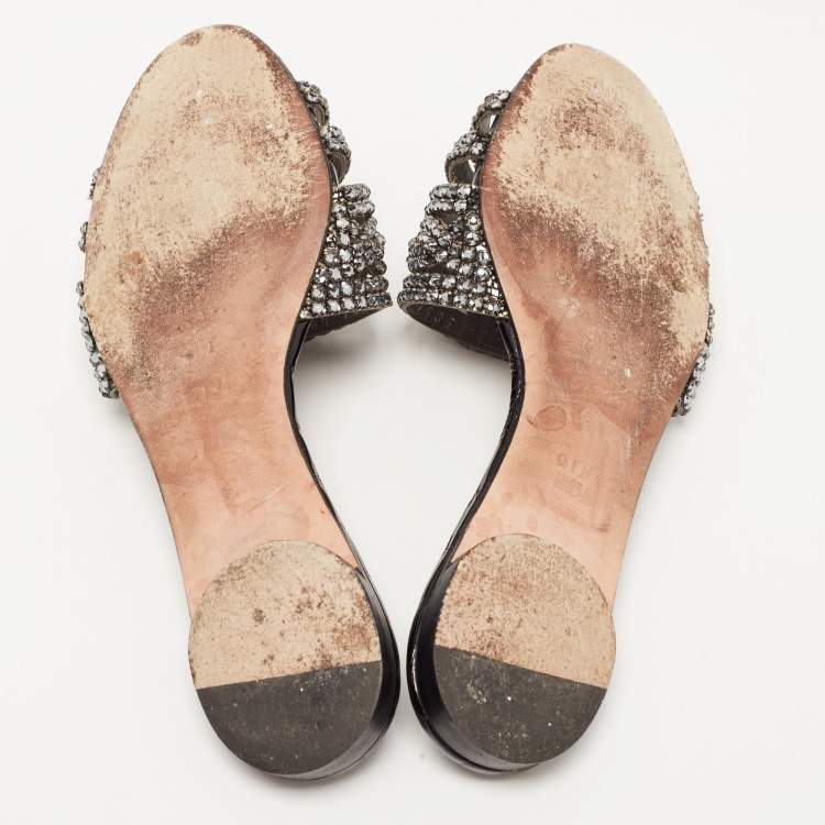 Pre Owned Gina Black Croc Embossed and Crystal Embellished Slide Sandals Size 37.5