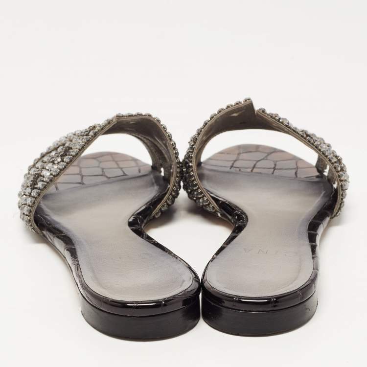 Pre Owned Gina Black Croc Embossed and Crystal Embellished Slide Sandals Size 37.5
