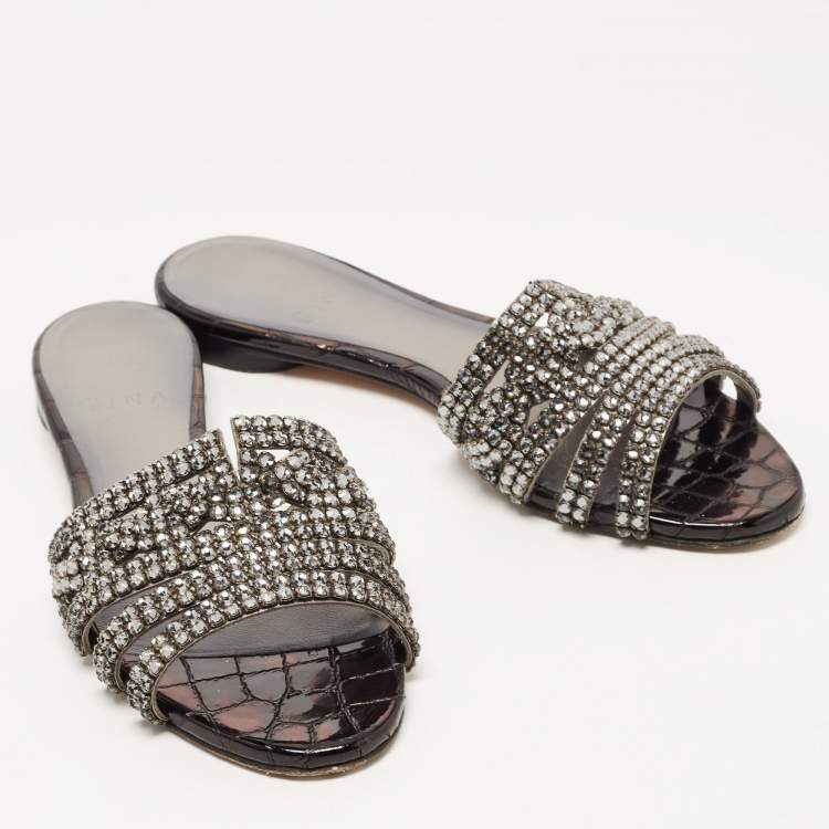 Pre Owned Gina Black Croc Embossed and Crystal Embellished Slide Sandals Size 37.5