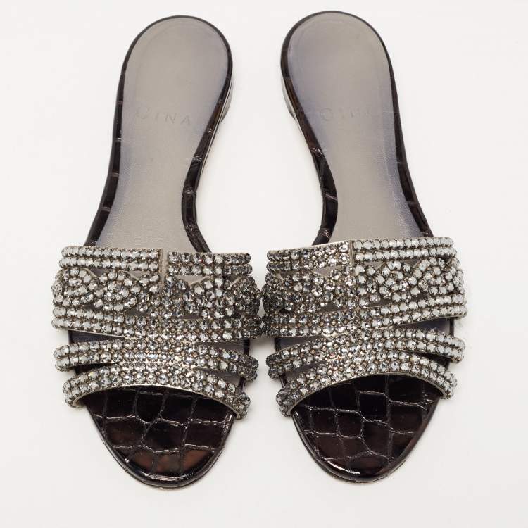 Pre Owned Gina Black Croc Embossed and Crystal Embellished Slide Sandals Size 37.5