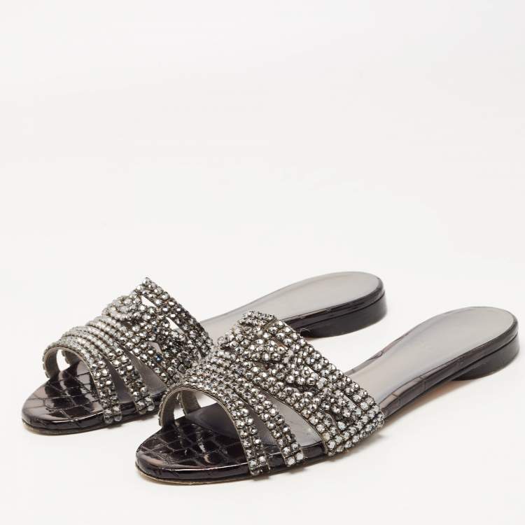 Pre Owned Gina Black Croc Embossed and Crystal Embellished Slide Sandals Size 37.5