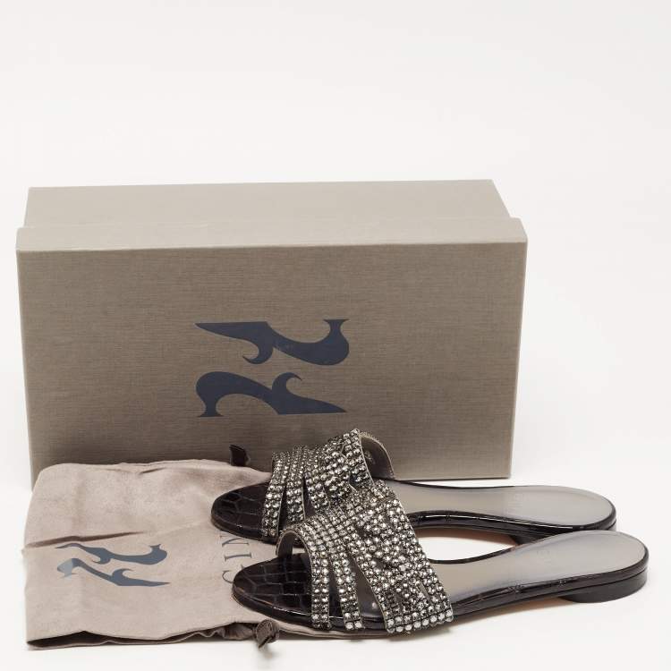 Pre Owned Gina Black Croc Embossed and Crystal Embellished Slide Sandals Size 37.5