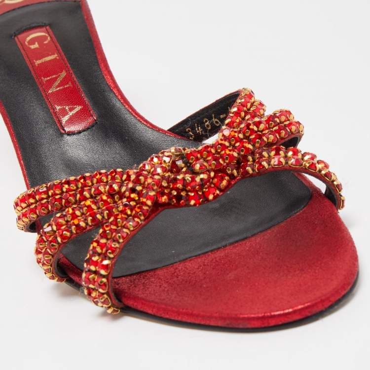 Pre Owned Gina Red Leather Embellished Knotted Open Toe Slides Size 37