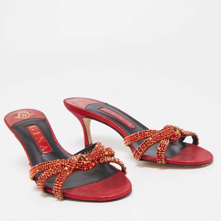 Pre Owned Gina Red Leather Embellished Knotted Open Toe Slides Size 37
