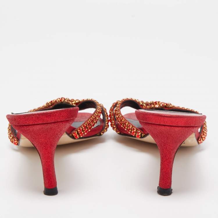 Pre Owned Gina Red Leather Embellished Knotted Open Toe Slides Size 37