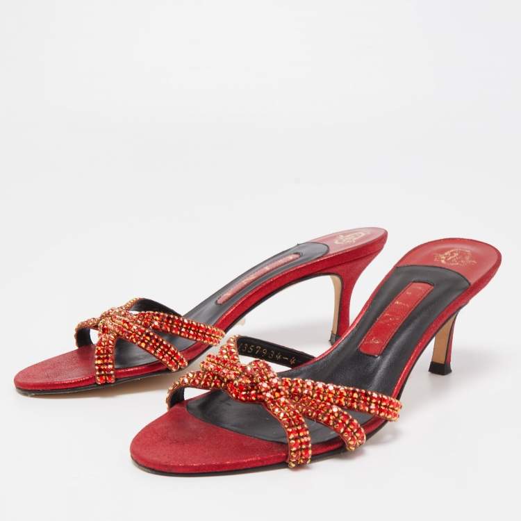 Pre Owned Gina Red Leather Embellished Knotted Open Toe Slides Size 37