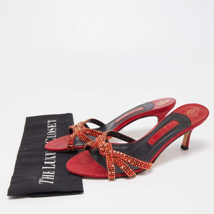 Pre Owned Gina Red Leather Embellished Knotted Open Toe Slides Size 37