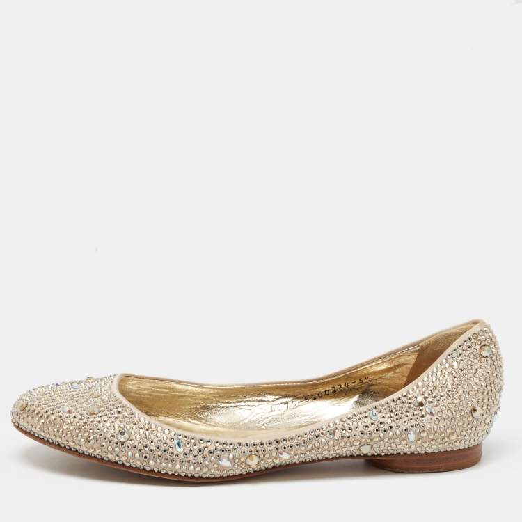 Pre Owned Gina Beige Satin And Crystal Embellished Ballet Flats Size 38.5