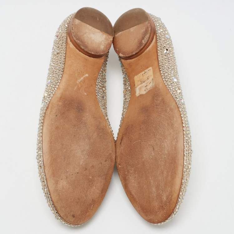 Pre Owned Gina Beige Satin And Crystal Embellished Ballet Flats Size 38.5
