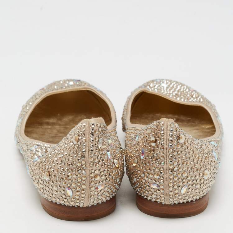 Pre Owned Gina Beige Satin And Crystal Embellished Ballet Flats Size 38.5