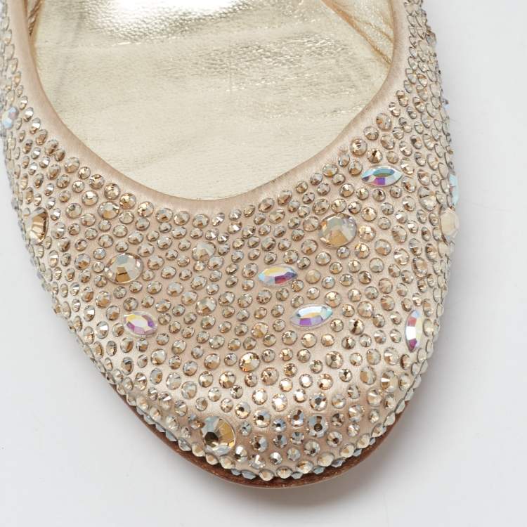 Pre Owned Gina Beige Satin And Crystal Embellished Ballet Flats Size 38.5