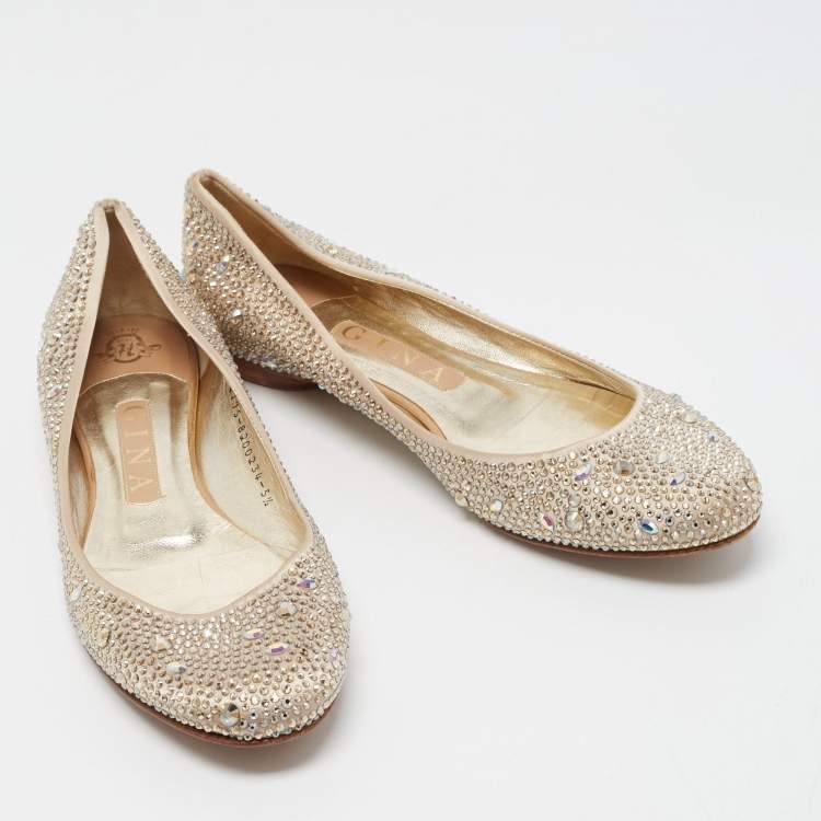 Pre Owned Gina Beige Satin And Crystal Embellished Ballet Flats Size 38.5